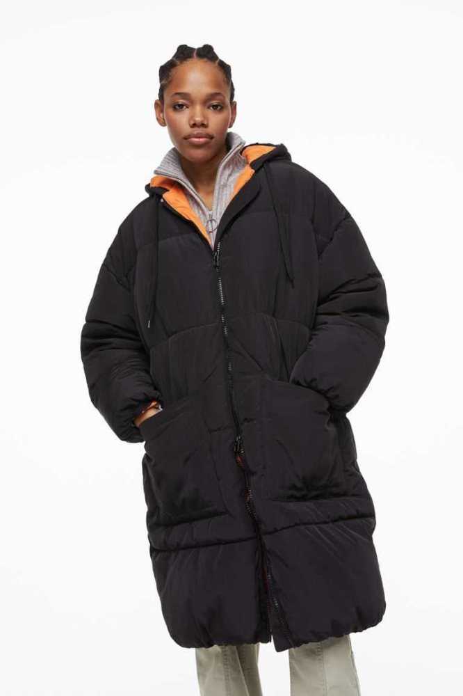 H&M Oversized Puffer Jacke Damen Schwarz | 1687-NHEZX