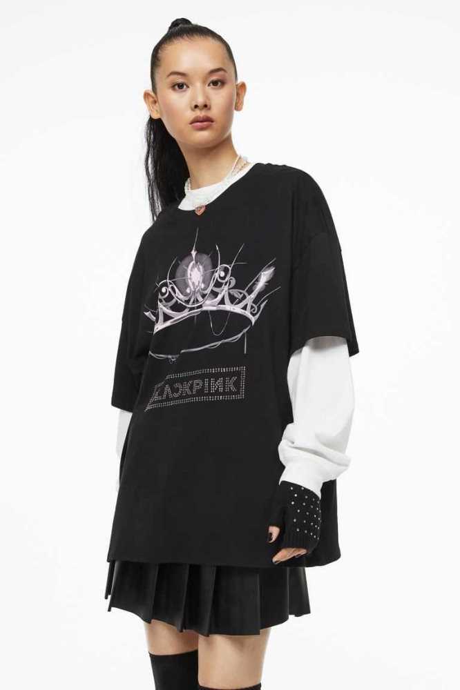 H&M Oversized Rhinestone-motif T-shirt Oberteile Damen Schwarz | 0971-JUXCW