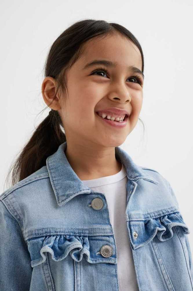 H&M Oversized Ruffle-trimmed Denim Jacket Oberbekleidung Kinder Hellblau | 1368-SVFRP