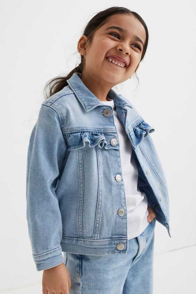 H&M Oversized Ruffle-trimmed Denim Jacket Oberbekleidung Kinder Hellblau | 1368-SVFRP