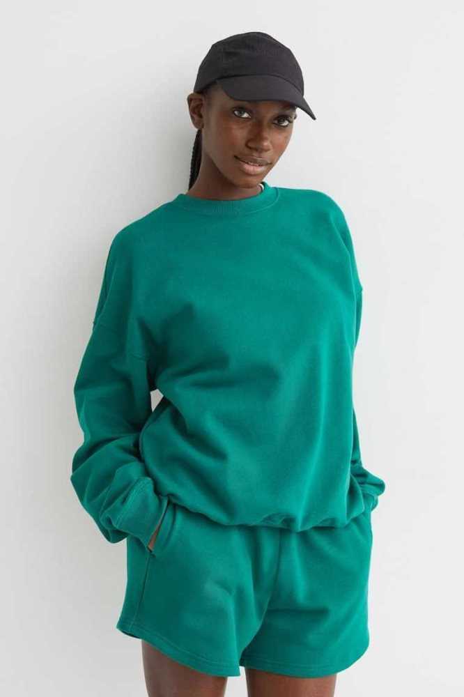 H&M Oversized Sweatshirt Damen Dunkelgrün | 9076-TQLEO