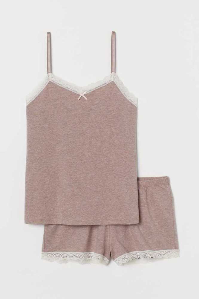 H&M Pajama Camisole Top and Shorts Nachtwäsche Damen Hellkhaki Grün | 7538-RJBPM