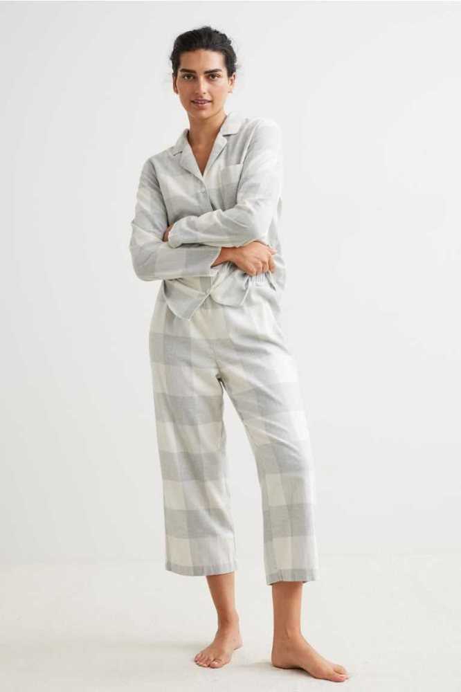 H&M Pajama Shirt and Pants Nachtwäsche Damen Hellgrau | 3102-PADRS