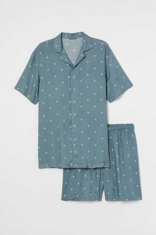 H&M Pajama Shirt and Shorts Loungewear Herren Hellgrün | 9572-MZPGR