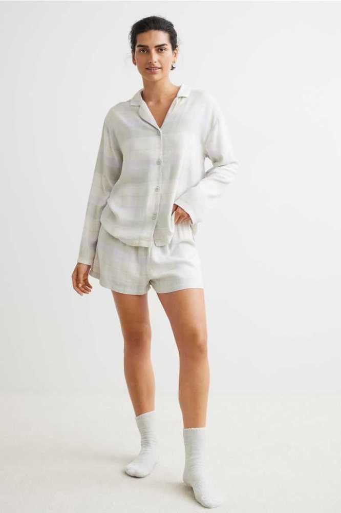 H&M Pajama Shirt and Shorts Nachtwäsche Damen Hellgrün | 7439-QTSKG