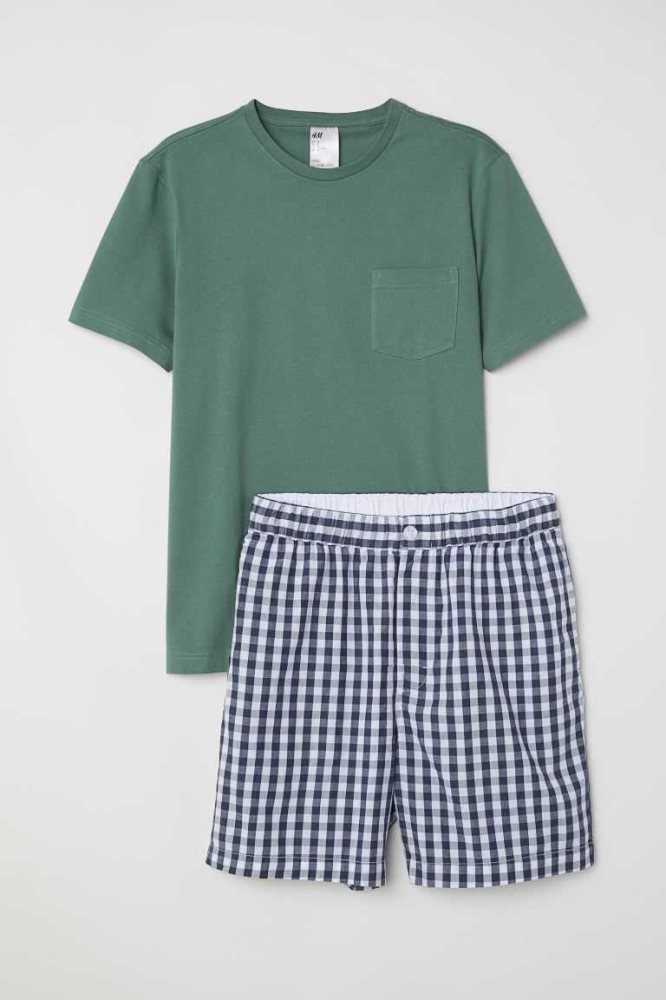 H&M Pajama T-shirt and Shorts Loungewear Herren Hellblau Dunkelgrün | 1460-ZEHPC