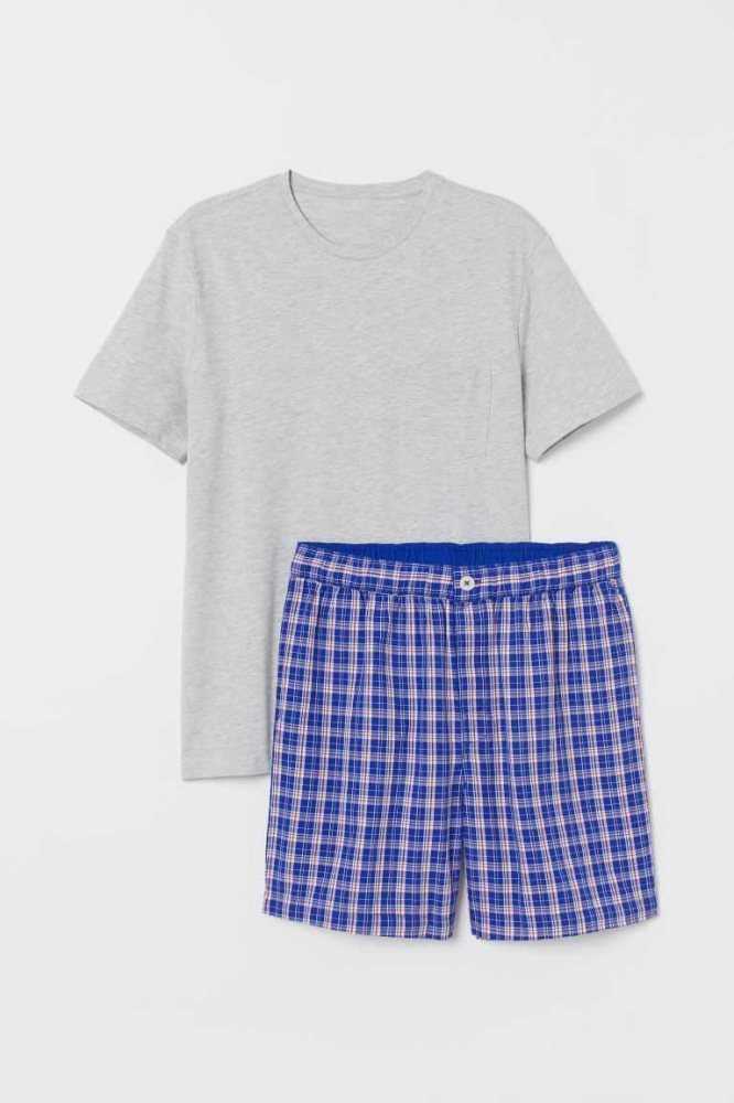 H&M Pajama T-shirt and Shorts Loungewear Herren Hellblau Dunkelgrün | 1460-ZEHPC