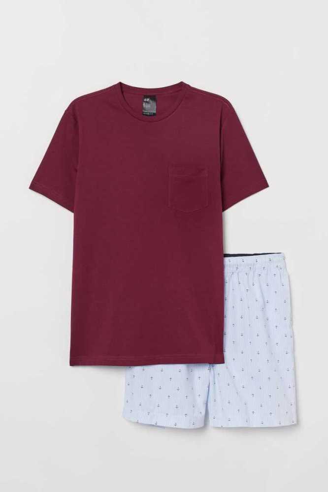 H&M Pajama T-shirt and Shorts Loungewear Herren Hellblau Dunkelgrün | 1460-ZEHPC