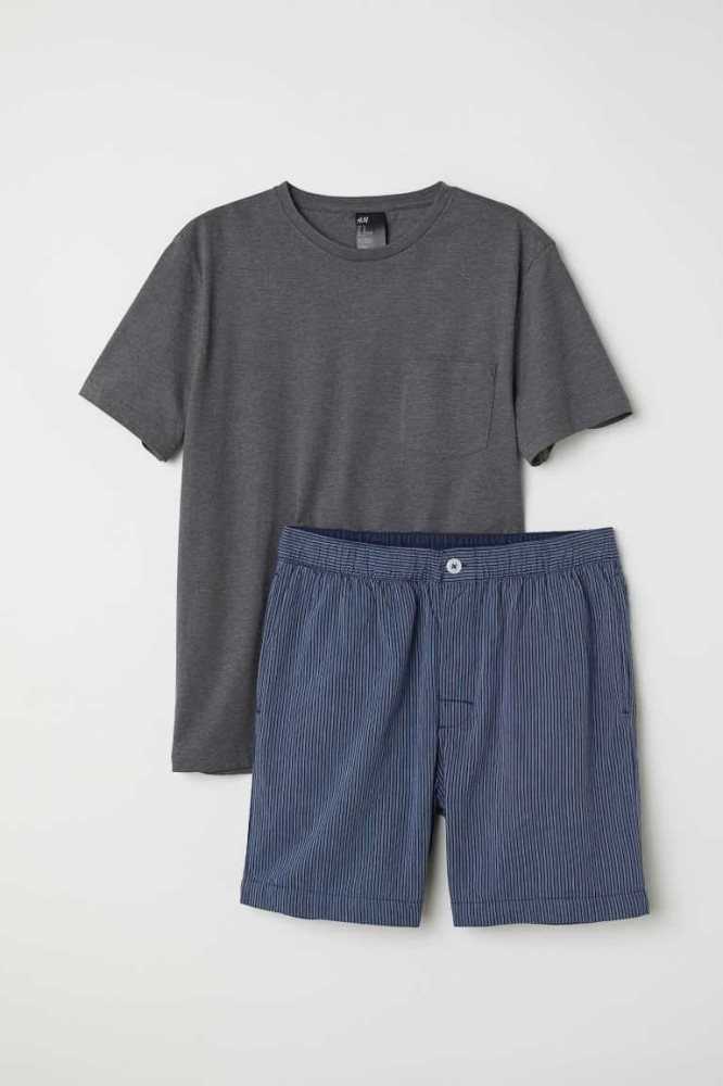 H&M Pajama T-shirt and Shorts Loungewear Herren Hellblau Dunkelgrün | 1460-ZEHPC