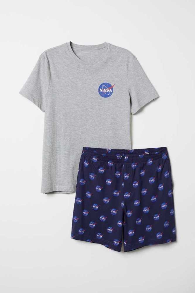 H&M Pajama T-shirt and Shorts Loungewear Herren Navy Blau | 7265-ILUTZ