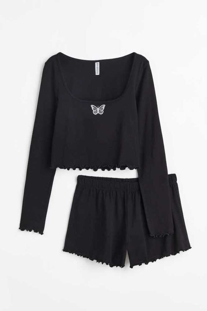 H&M Pajama Top and Shorts Nachtwäsche Damen Helllila | 1678-PEYMX