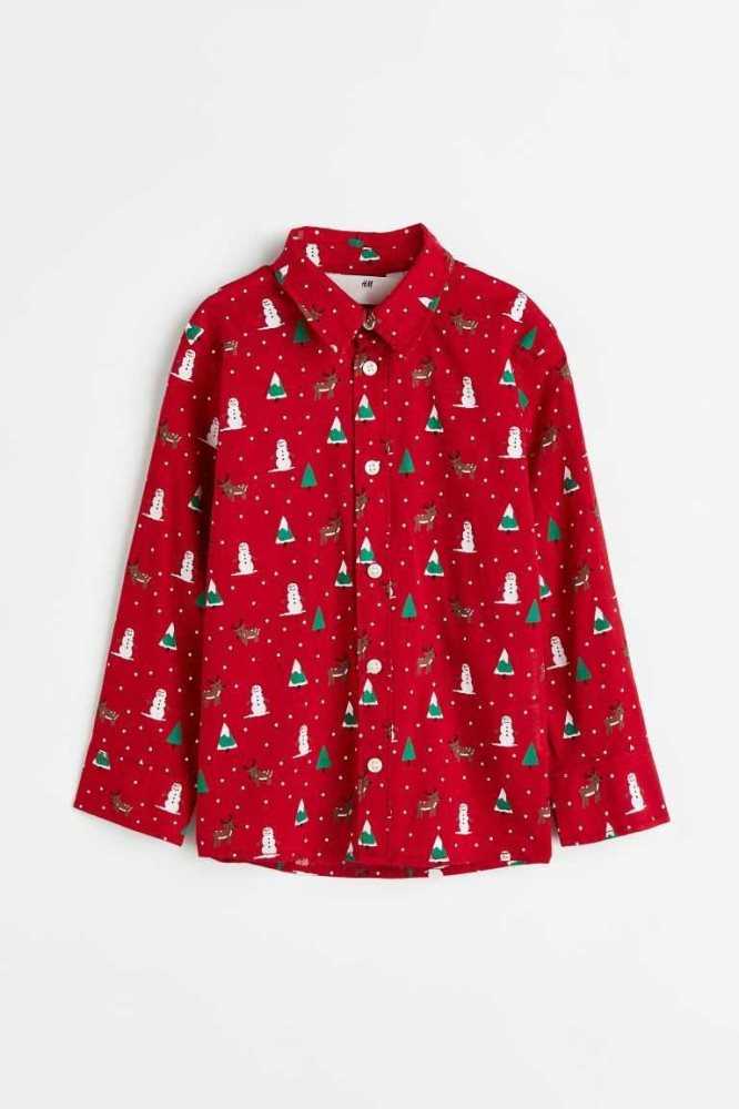 H&M Patterned Baumwoll Hemd Kinder Dunkelgrün | 3128-NAIUT