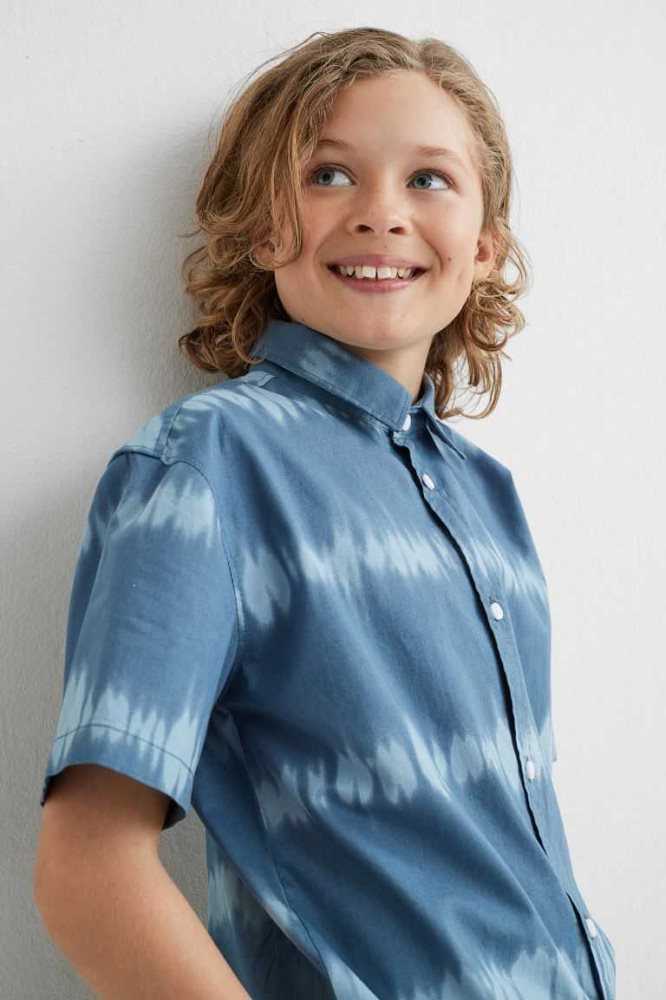 H&M Patterned Baumwoll Hemd Kinder Helltürkis | 3091-WGHFQ