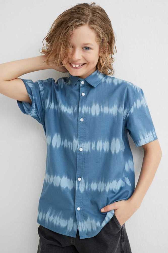 H&M Patterned Baumwoll Hemd Kinder Helltürkis | 3091-WGHFQ