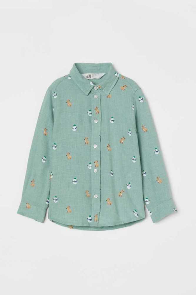 H&M Patterned Baumwoll Hemd Kinder Mintfarben Grün | 4518-XRWFD