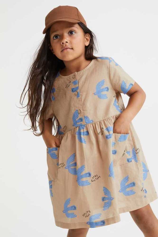 H&M Patterned Baumwoll Kurzes Kleid Kinder Weiß | 4806-ZJEWB