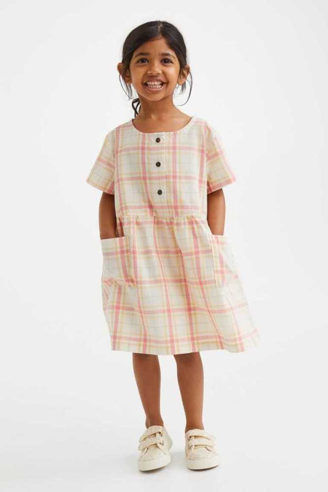 H&M Patterned Baumwoll Kurzes Kleid Kinder Weiß | 4806-ZJEWB