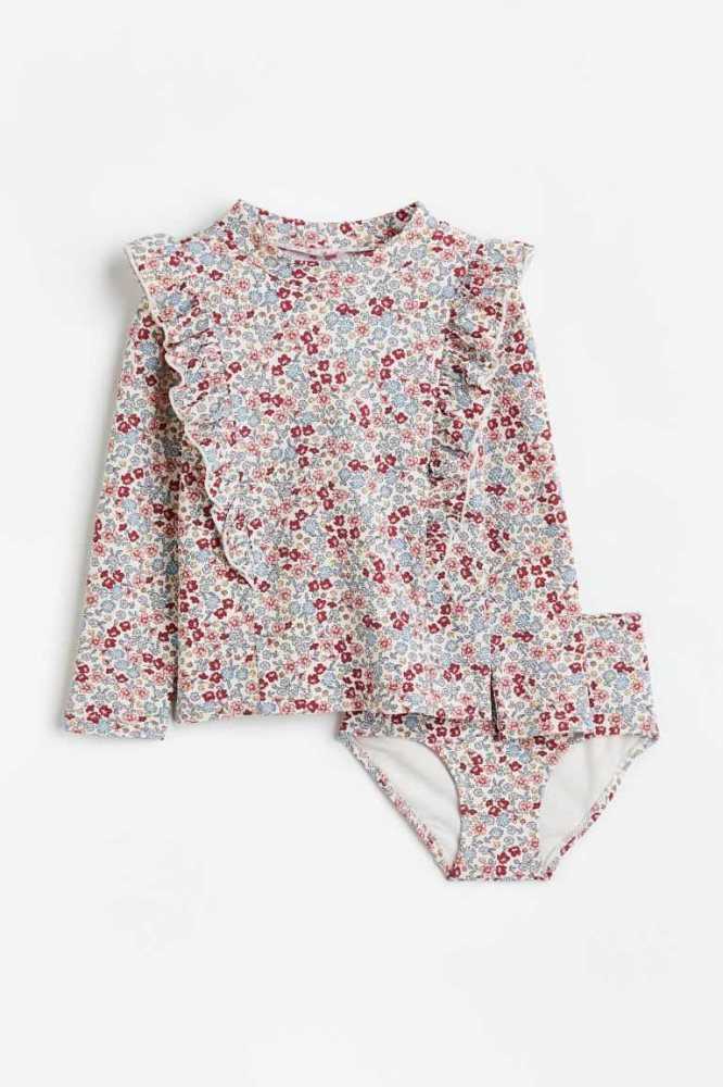 H&M Patterned Ruffled Badeanzüge Kinder Weiß | 7315-UDJIG