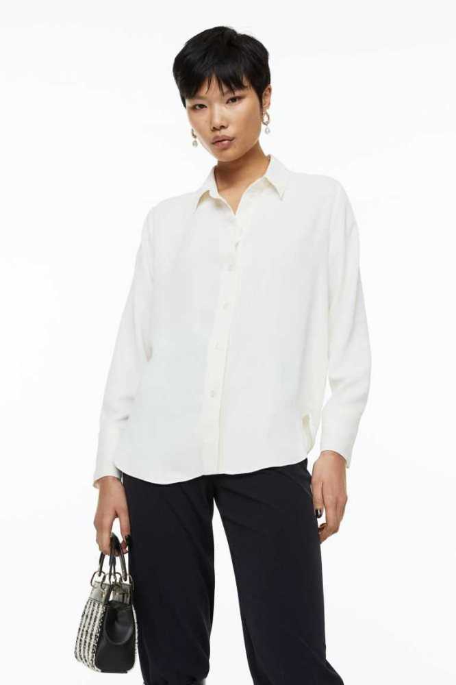 H&M Pointed-collar Shirt Bluse Damen Weiß | 4637-PQLEN