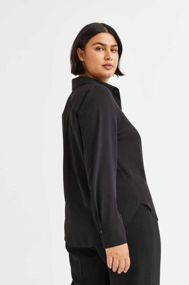 H&M Pointed-collar Shirt Übergröße Damen Schwarz | 4285-RBEFN