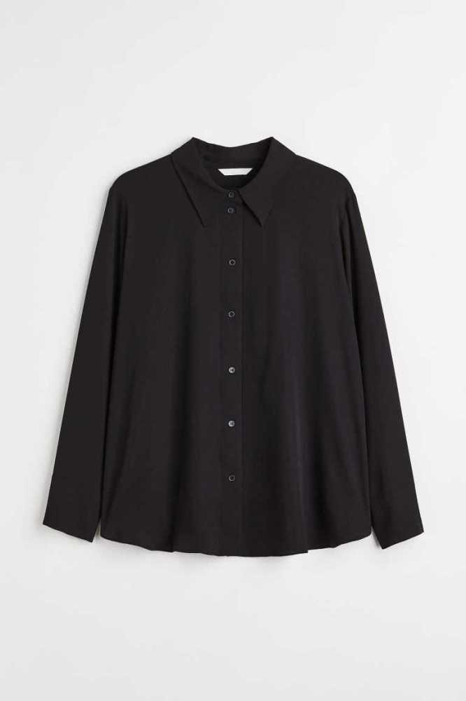 H&M Pointed-collar Shirt Übergröße Damen Schwarz | 4285-RBEFN