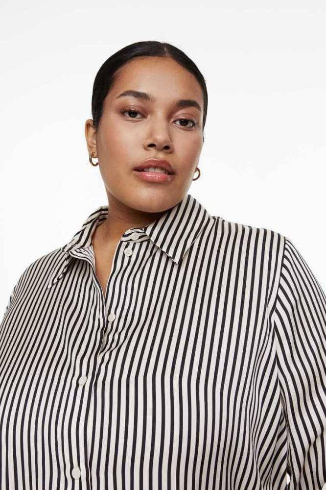 H&M Pointed-collar Shirt Übergröße Damen Schwarz | 4285-RBEFN