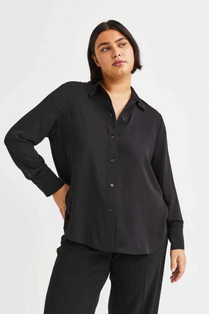 H&M Pointed-collar Shirt Übergröße Damen Schwarz | 4285-RBEFN