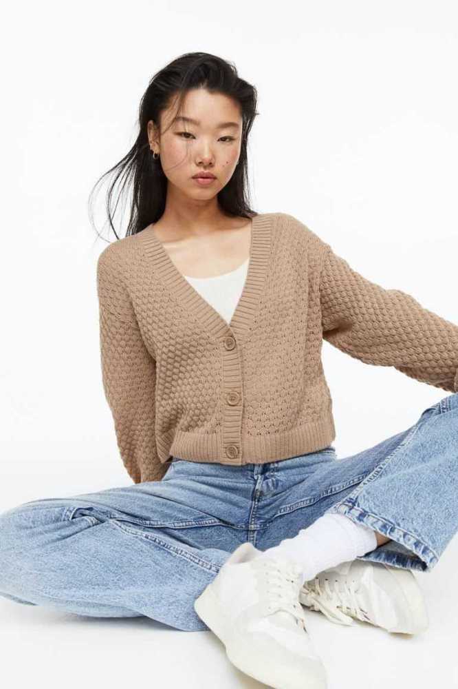 H&M Pointelle-knit Cardigan Pullover Damen Beige | 9736-QZXNI