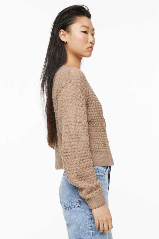 H&M Pointelle-knit Cardigan Pullover Damen Beige | 9736-QZXNI