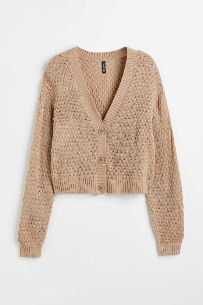 H&M Pointelle-knit Cardigan Pullover Damen Beige | 9736-QZXNI