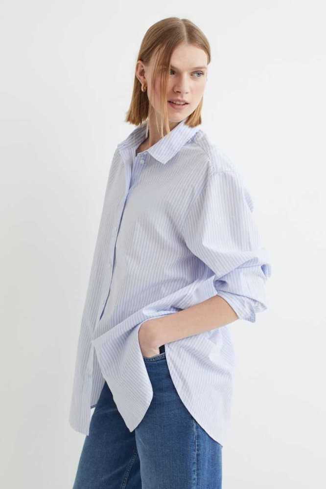 H&M Poplin Shirt Bluse Damen Weiß | 5087-RLPJE