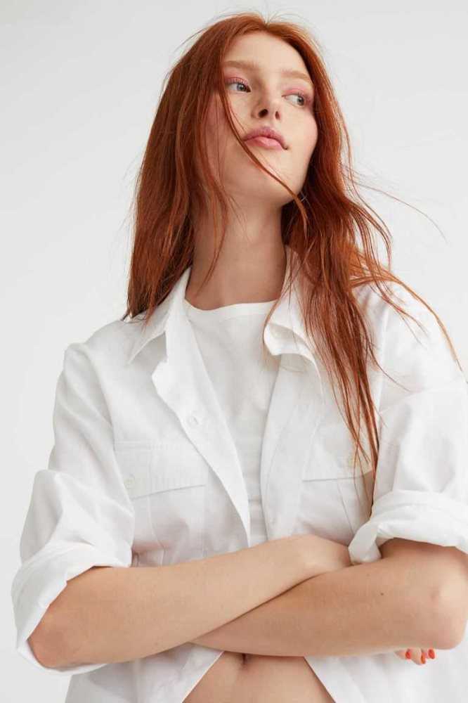 H&M Poplin Shirt Bluse Damen Weiß | 5934-GESNY