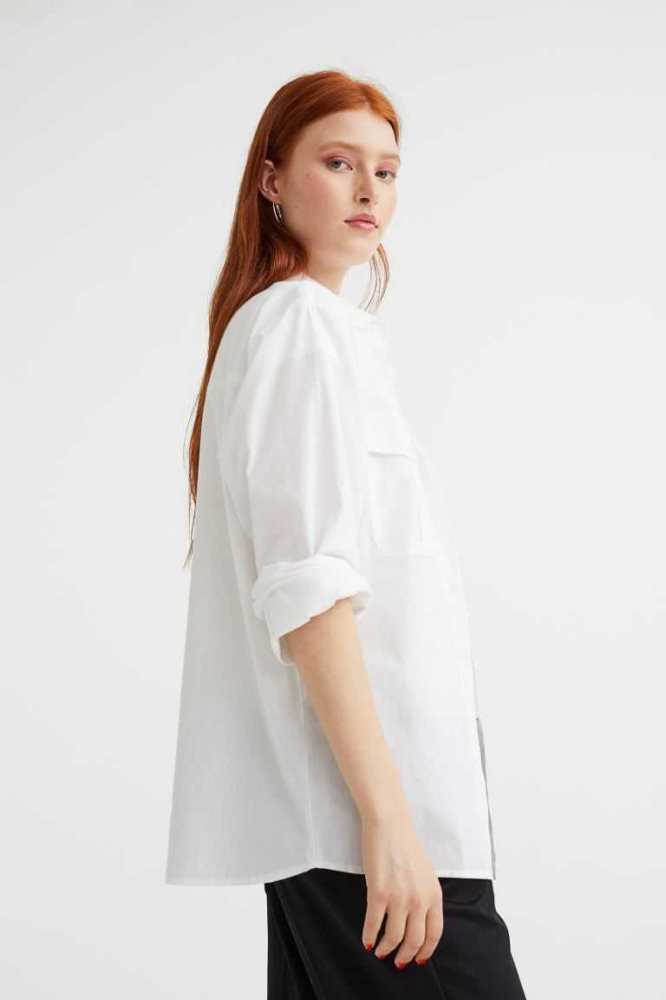 H&M Poplin Shirt Bluse Damen Weiß | 5934-GESNY