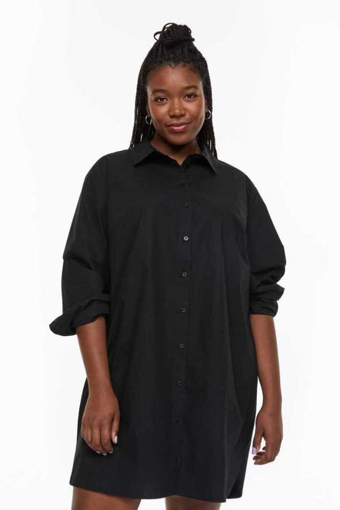 H&M Poplin Shirt Kleider Übergröße Damen Schwarz | 5614-UPFER