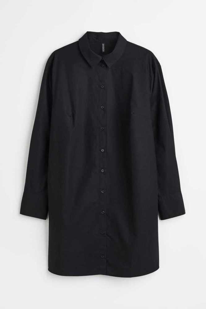 H&M Poplin Shirt Kleider Übergröße Damen Schwarz | 5614-UPFER