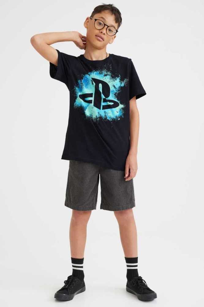 H&M Printed Hemd Kinder Schwarz | 8016-HNZVB