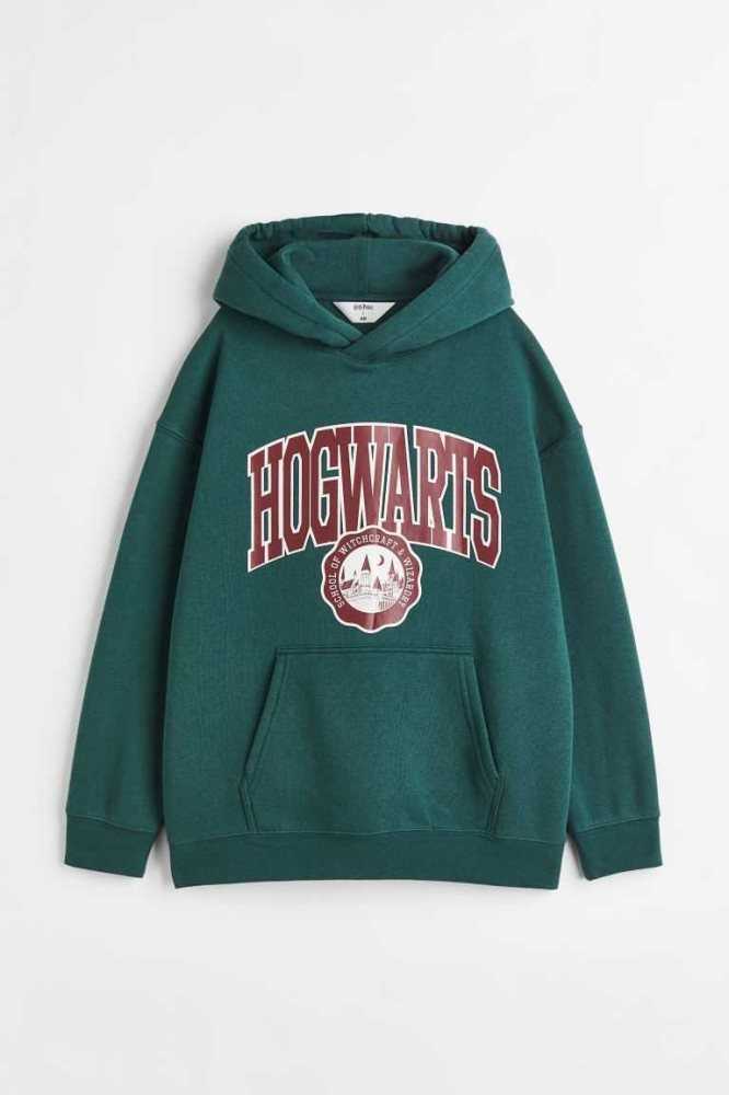 H&M Printed Hoodie Kinder Dunkelgrün | 9857-HSGLY