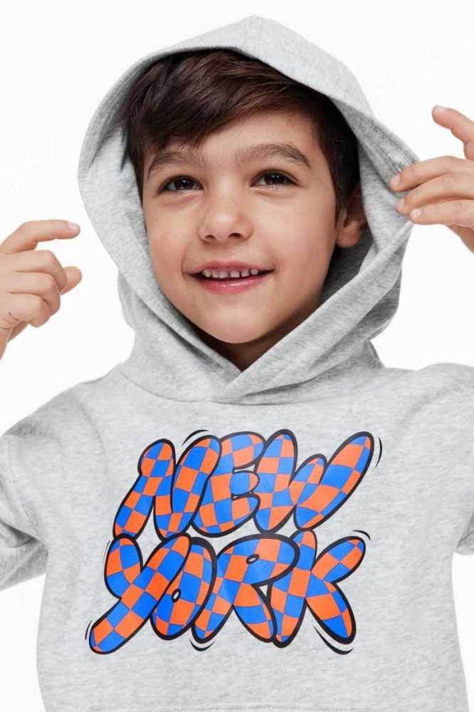 H&M Printed Hoodie Kinder Hellgrau | 8710-YDOVX