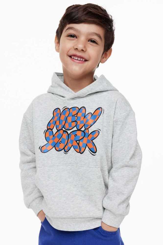 H&M Printed Hoodie Kinder Hellgrau | 8710-YDOVX