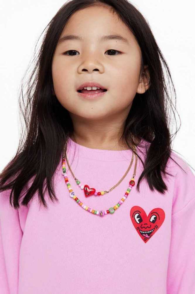 H&M Printed Sweatshirt Kurzes Kleid Kinder Rosa | 1694-FKGUR