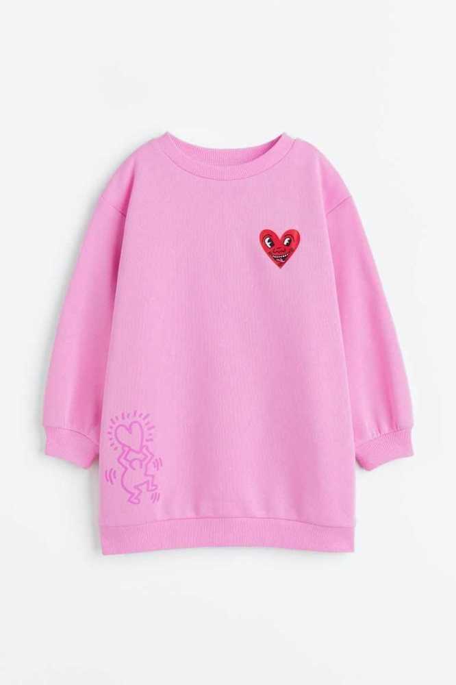 H&M Printed Sweatshirt Kurzes Kleid Kinder Rosa | 1694-FKGUR