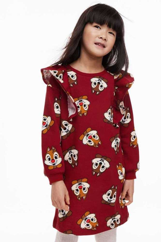 H&M Printed Sweatshirt Kurzes Kleid Kinder Dunkelrot | 2183-HKAVP