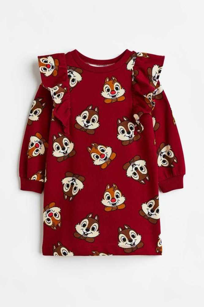 H&M Printed Sweatshirt Kurzes Kleid Kinder Dunkelrot | 2183-HKAVP