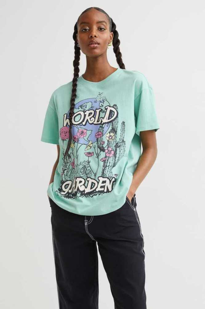 H&M Printed T-shirt Oberteile Damen Hellgrün | 3925-HGVPZ