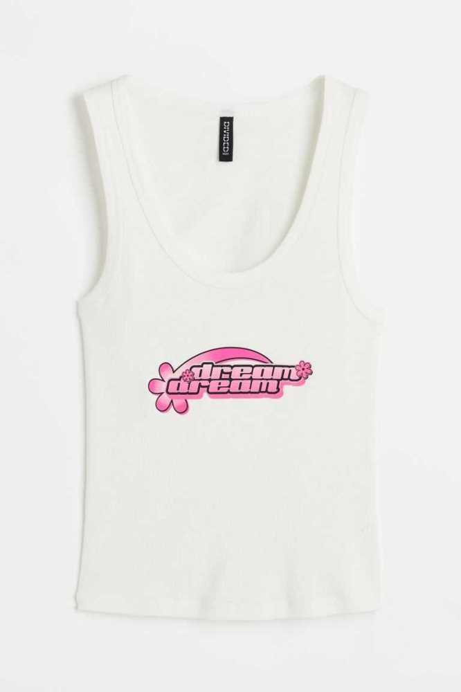 H&M Printed Tank Oberteile Damen Weiß | 8715-JFRPX