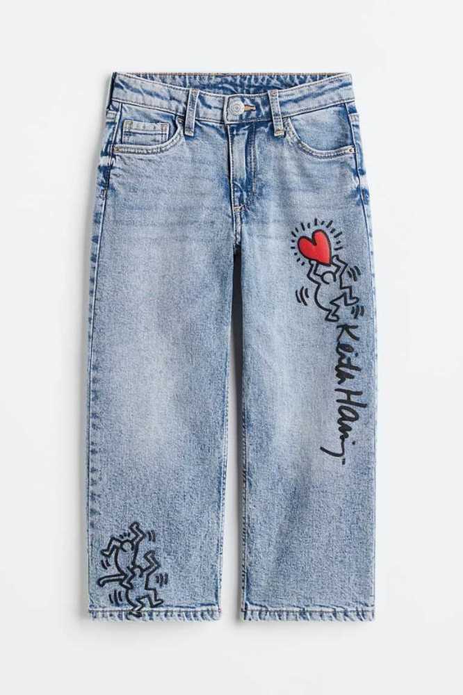 H&M Printed Weite Fit Jeans Kinder Hellblau | 5843-SDFUL