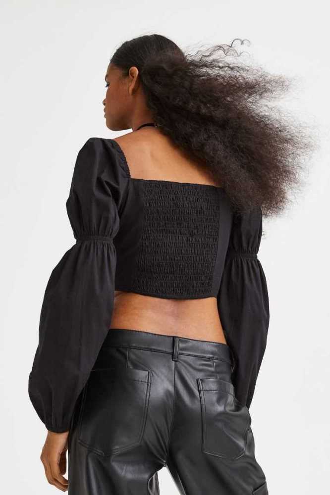 H&M Puff-sleeved Crop Bluse Damen Schwarz | 4391-RFPIY