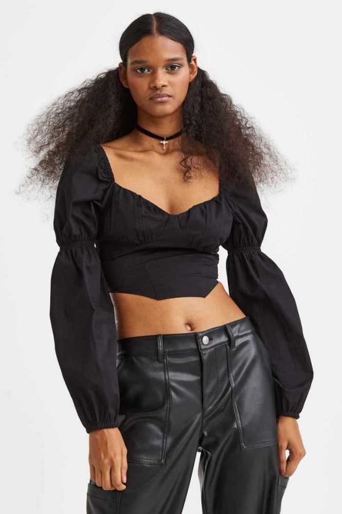 H&M Puff-sleeved Crop Bluse Damen Schwarz | 4391-RFPIY