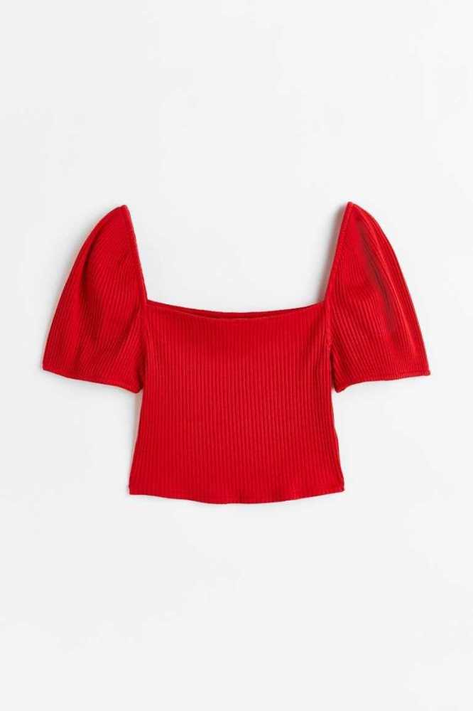 H&M Puff-sleeved Gerippt Oberteile Damen Hellaprikose | 0435-FIQVX