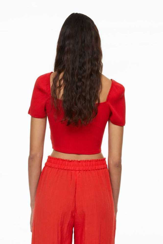 H&M Puff-sleeved Gerippt Oberteile Damen Rot | 9371-BZNFW